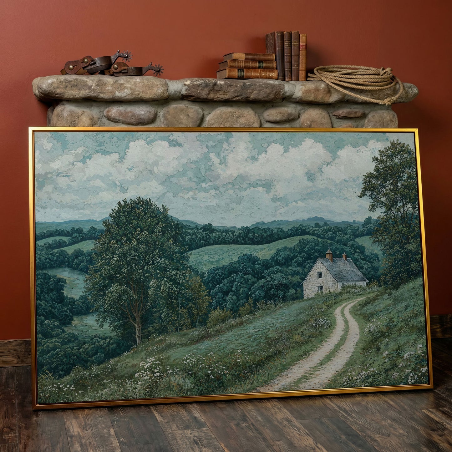 Rural Cottage & Hills Canvas Print. Sage Countryside Landscape in antique gold floating frame