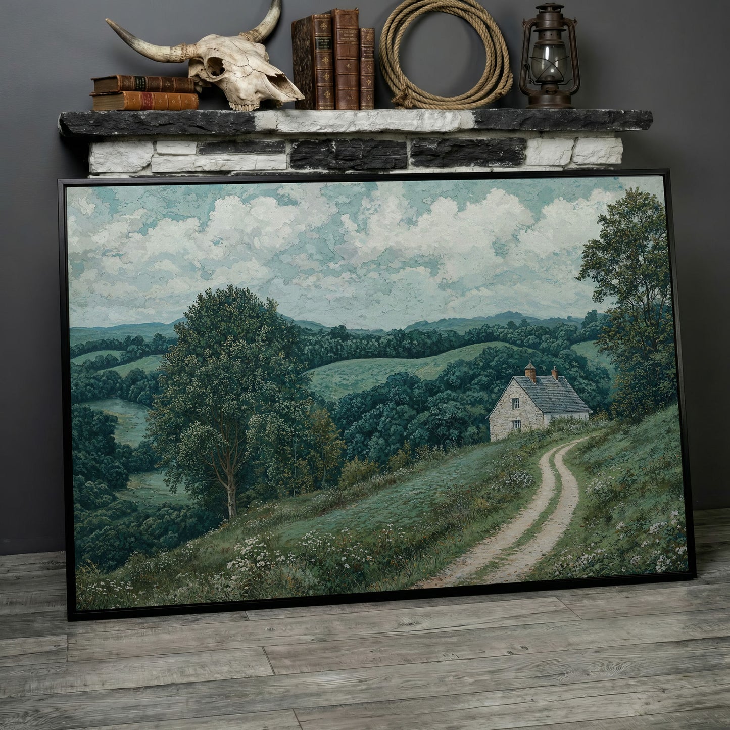 Rural Cottage & Hills Canvas Print. Sage Countryside Landscape in black floating frame