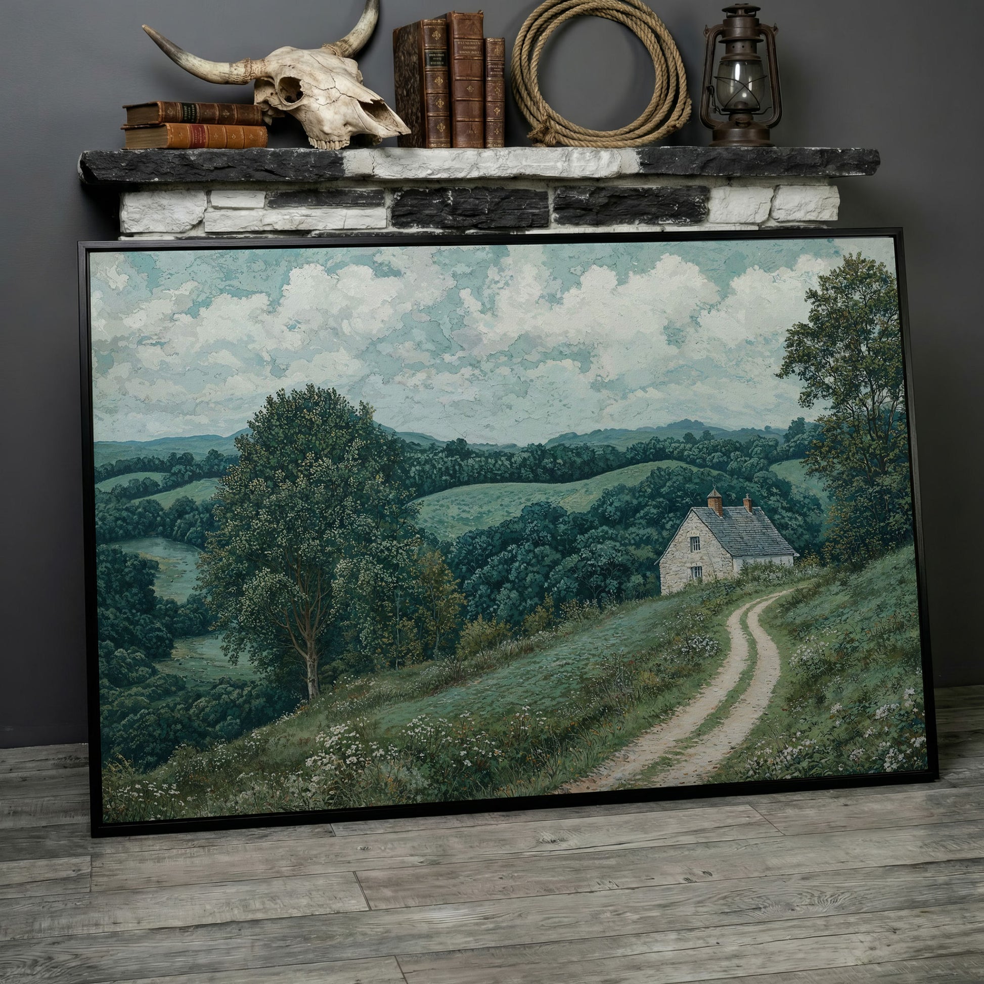 Rural Cottage & Hills Canvas Print. Sage Countryside Landscape in black floating frame