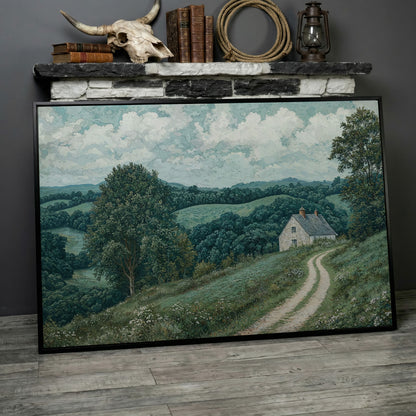 Rural Cottage & Hills Canvas Print. Sage Countryside Landscape in black floating frame