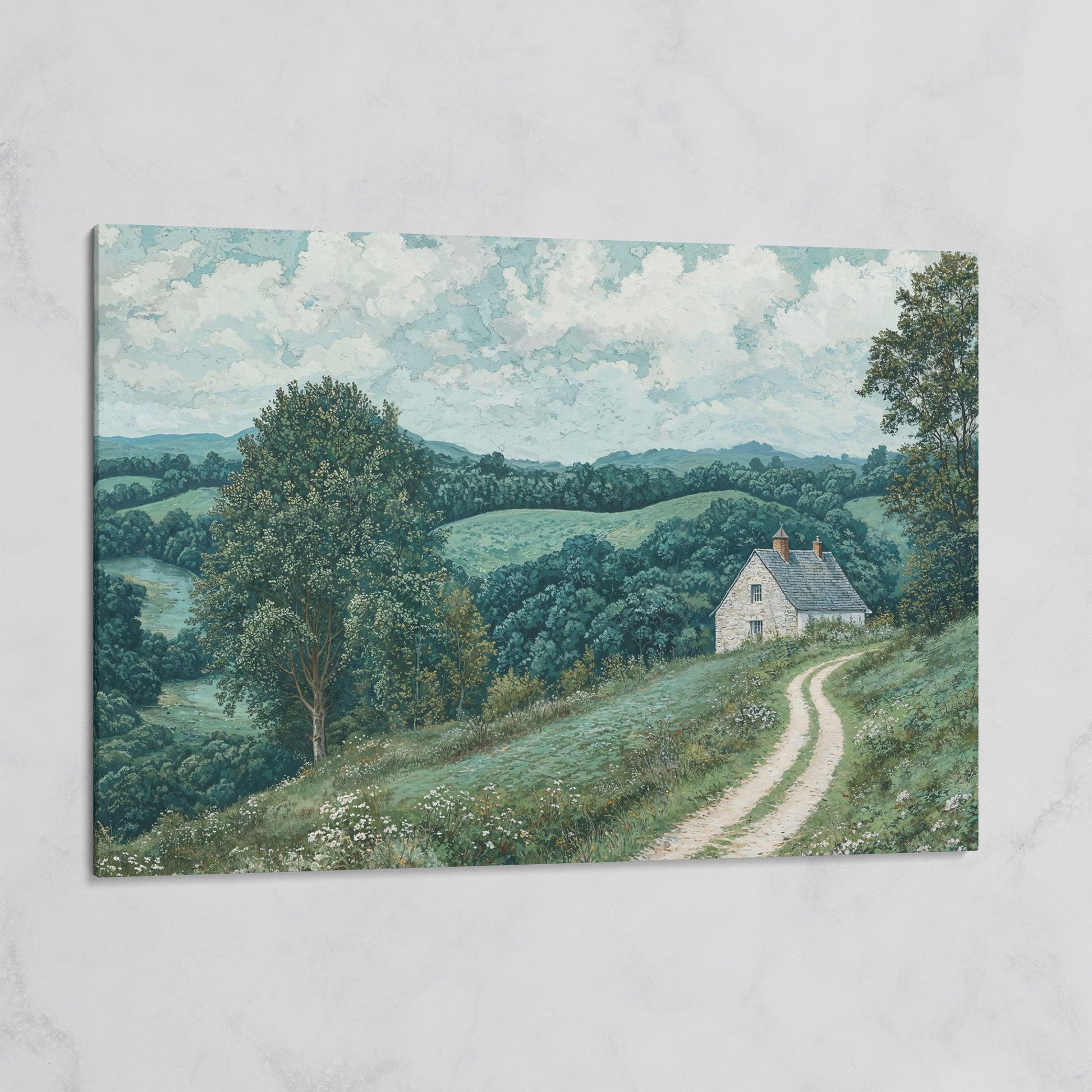 Rural Cottage & Hills Canvas Print. Sage Countryside Landscape on gallery wrap