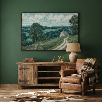 Rural Cottage & Hills Canvas Print. Sage Countryside Landscape in dark walnut floating frame