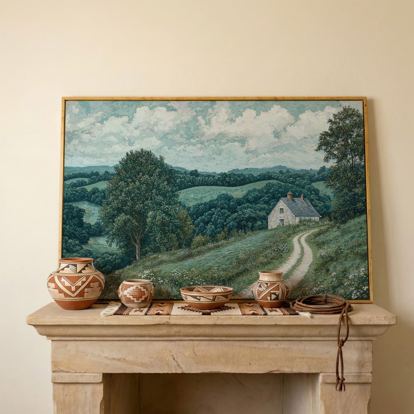 Rural Cottage & Hills Canvas Print. Sage Countryside Landscape in white oak floating frame