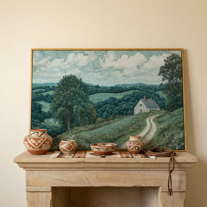 Rural Cottage & Hills Canvas Print. Sage Countryside Landscape in white oak floating frame