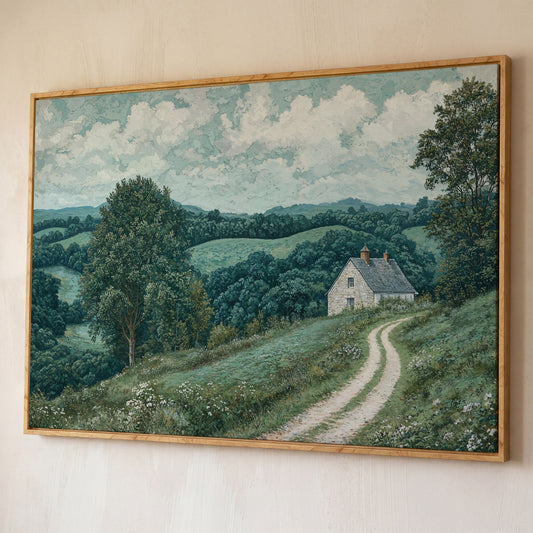 Rural Cottage & Hills Canvas Print. Sage Countryside Landscape shown in white oak floating frame