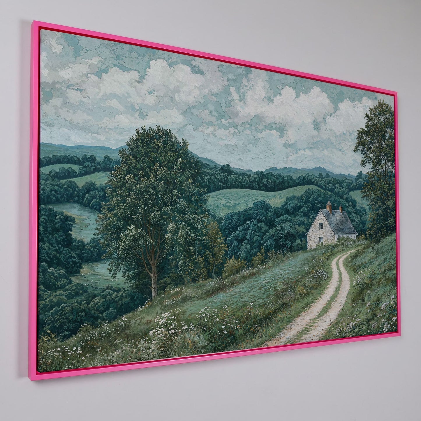 Rural Cottage & Hills Canvas Print. Sage Countryside Landscape in pink floating frame