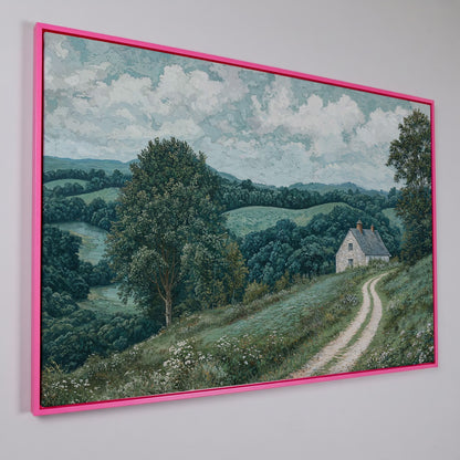 Rural Cottage & Hills Canvas Print. Sage Countryside Landscape in pink floating frame