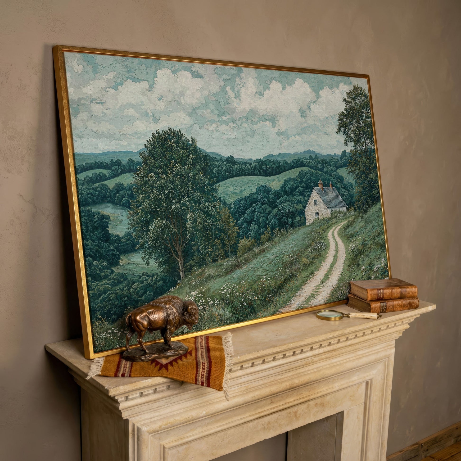 Rural Cottage & Hills Canvas Print. Sage Countryside Landscape in rose gold floating frame