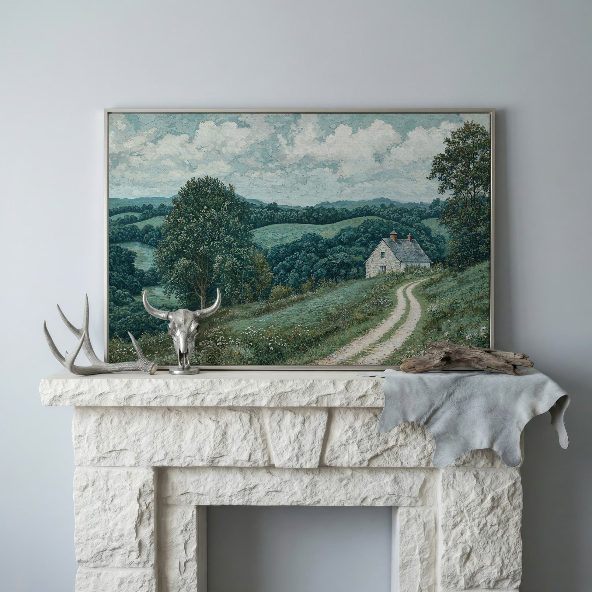 Rural Cottage & Hills Canvas Print. Sage Countryside Landscape in silver floating frame