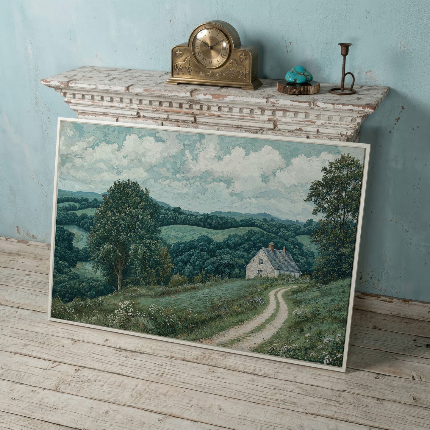 Rural Cottage & Hills Canvas Print. Sage Countryside Landscape in white floating frame