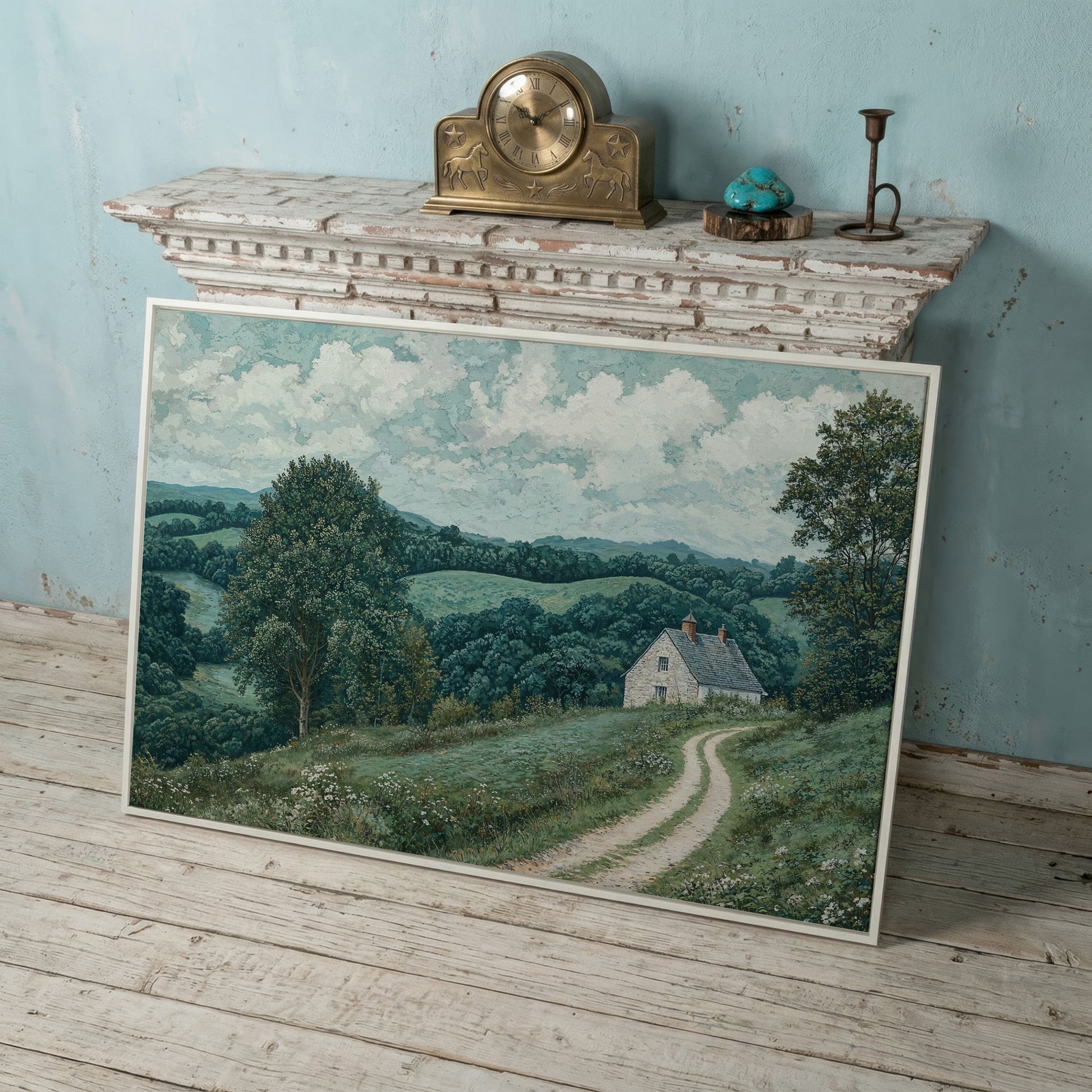 Rural Cottage & Hills Canvas Print. Sage Countryside Landscape in white floating frame