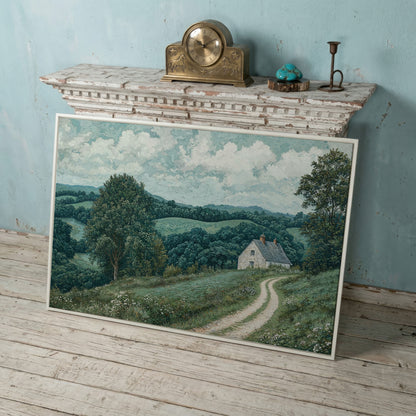 Rural Cottage & Hills Canvas Print. Sage Countryside Landscape in white floating frame