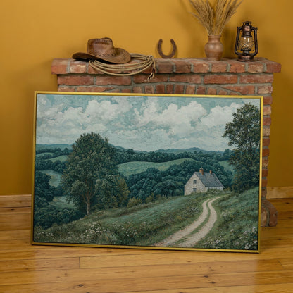 Rural Cottage & Hills Canvas Print. Sage Countryside Landscape in yellow gold floating frame