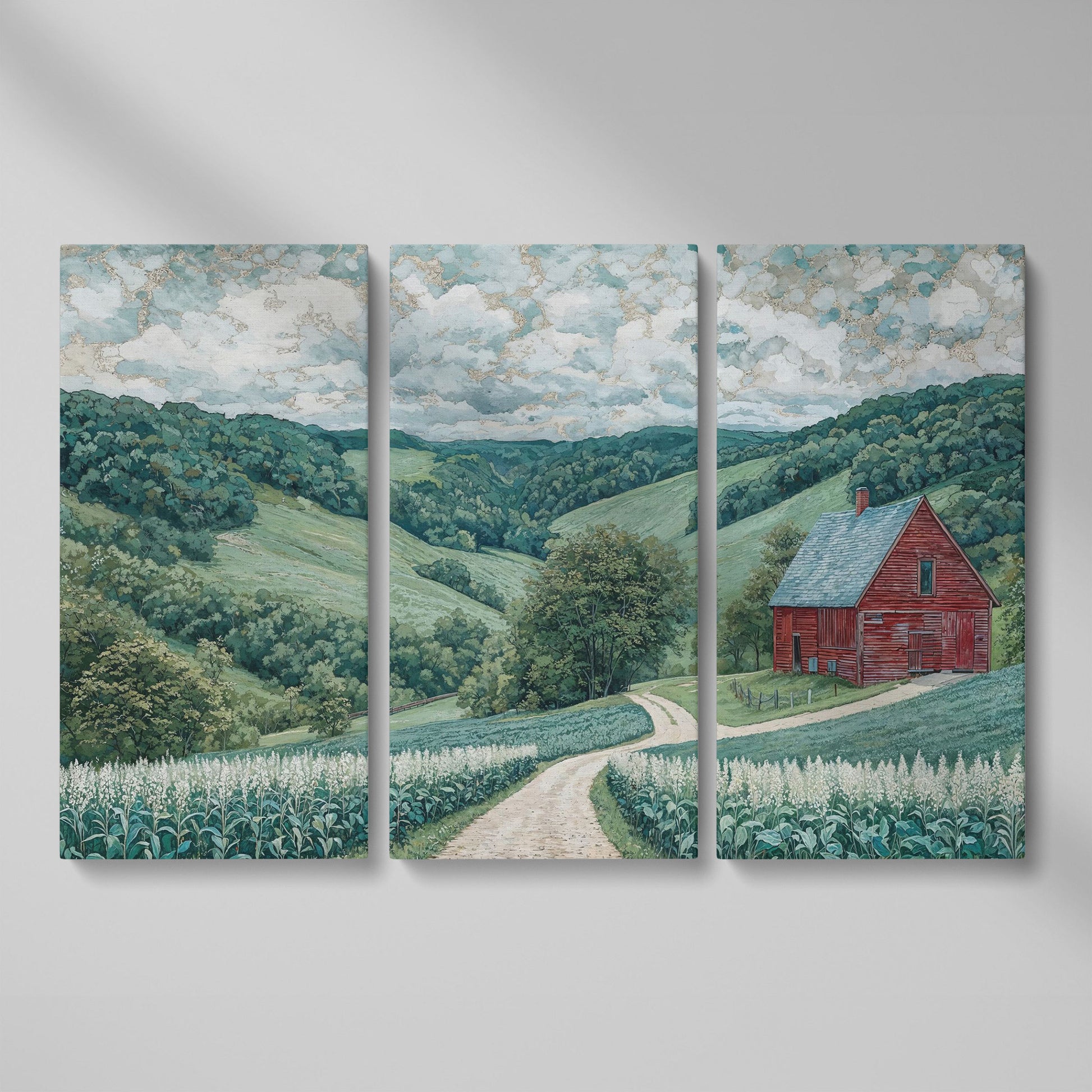 Red Barn & Rolling Hills Canvas Art as 3-panel split version