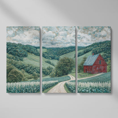 Red Barn & Rolling Hills Canvas Art as 3-panel split version