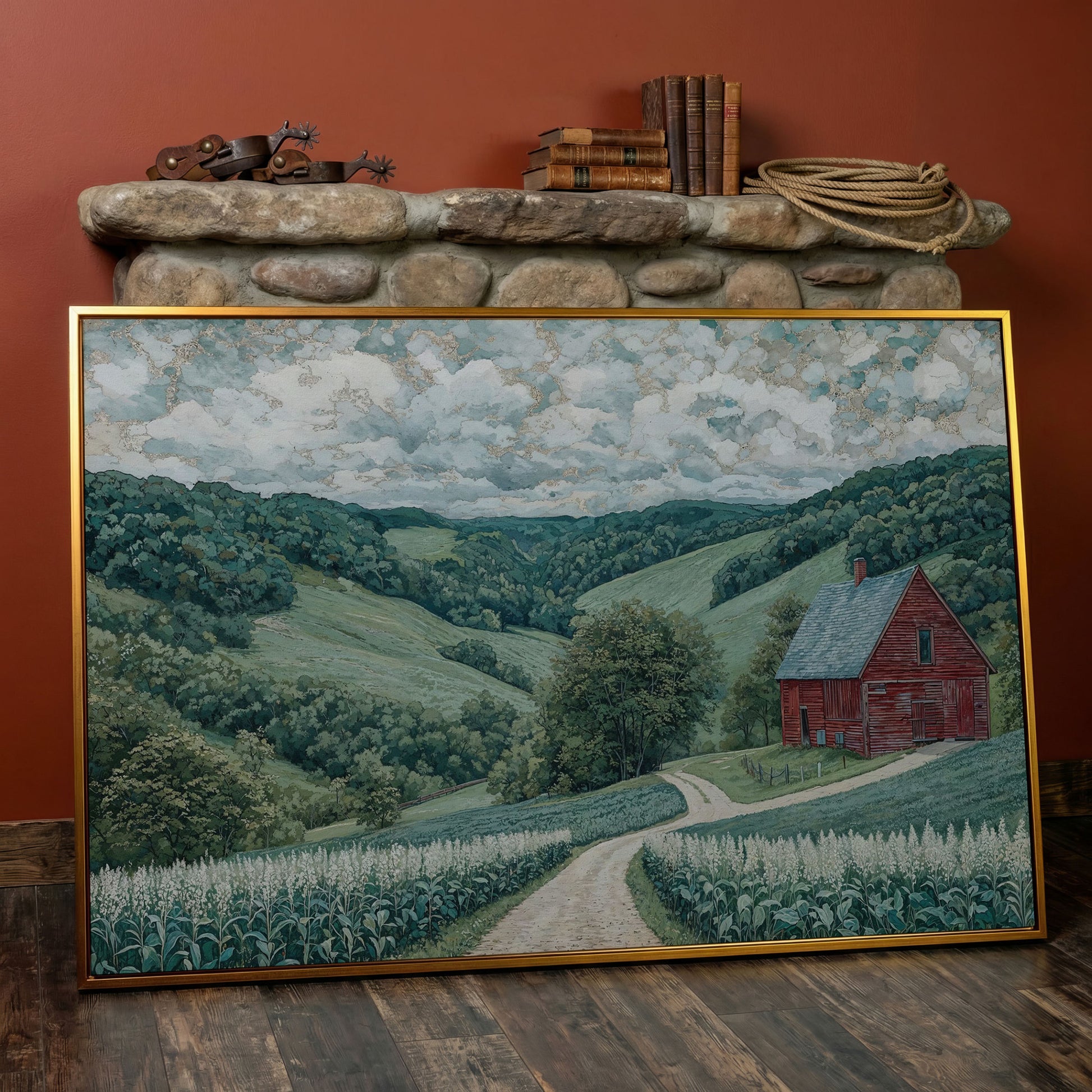 Red Barn & Rolling Hills Canvas Art in antique gold floating frame