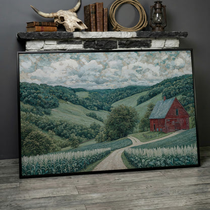 Red Barn & Rolling Hills Canvas Art in black floating frame