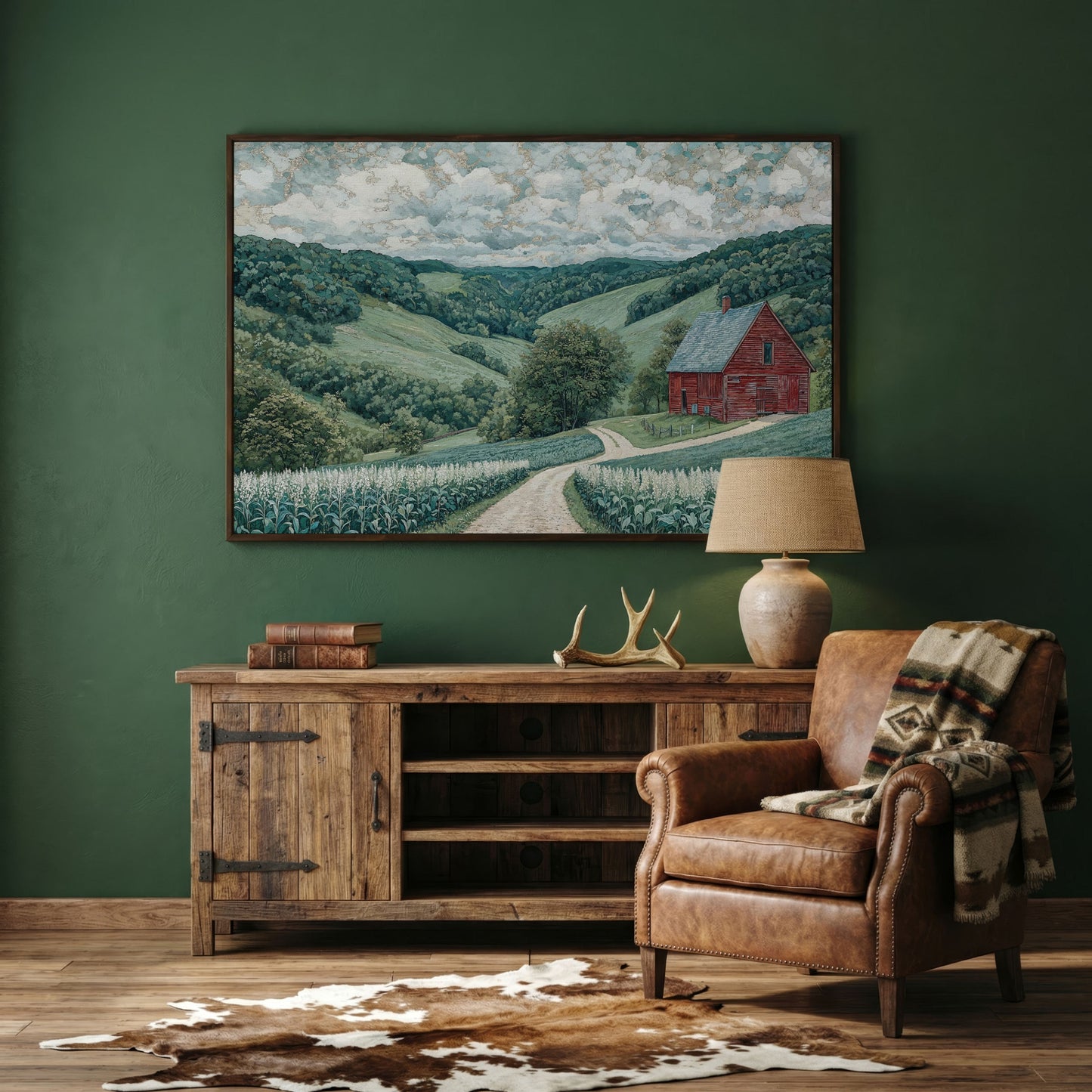 Red Barn & Rolling Hills Canvas Art in dark walnut floating frame