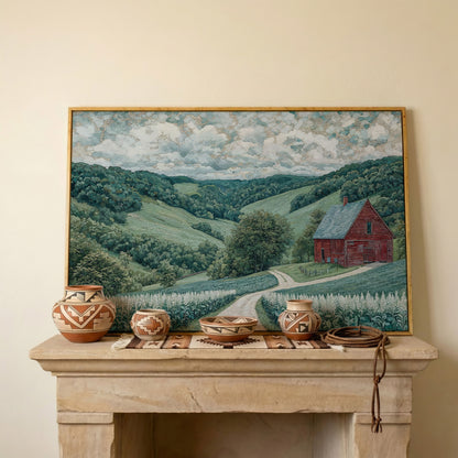 Red Barn & Rolling Hills Canvas Art in white oak floating frame