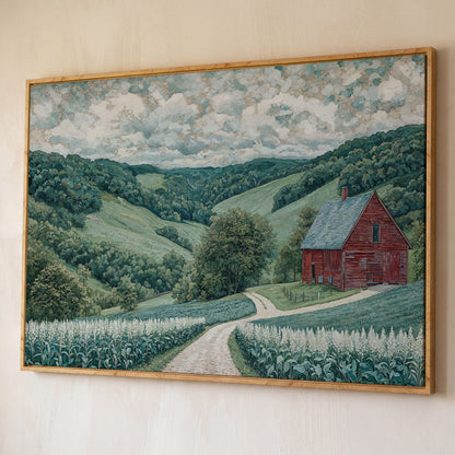 Red Barn & Rolling Hills Canvas Art shown in white oak floating frame