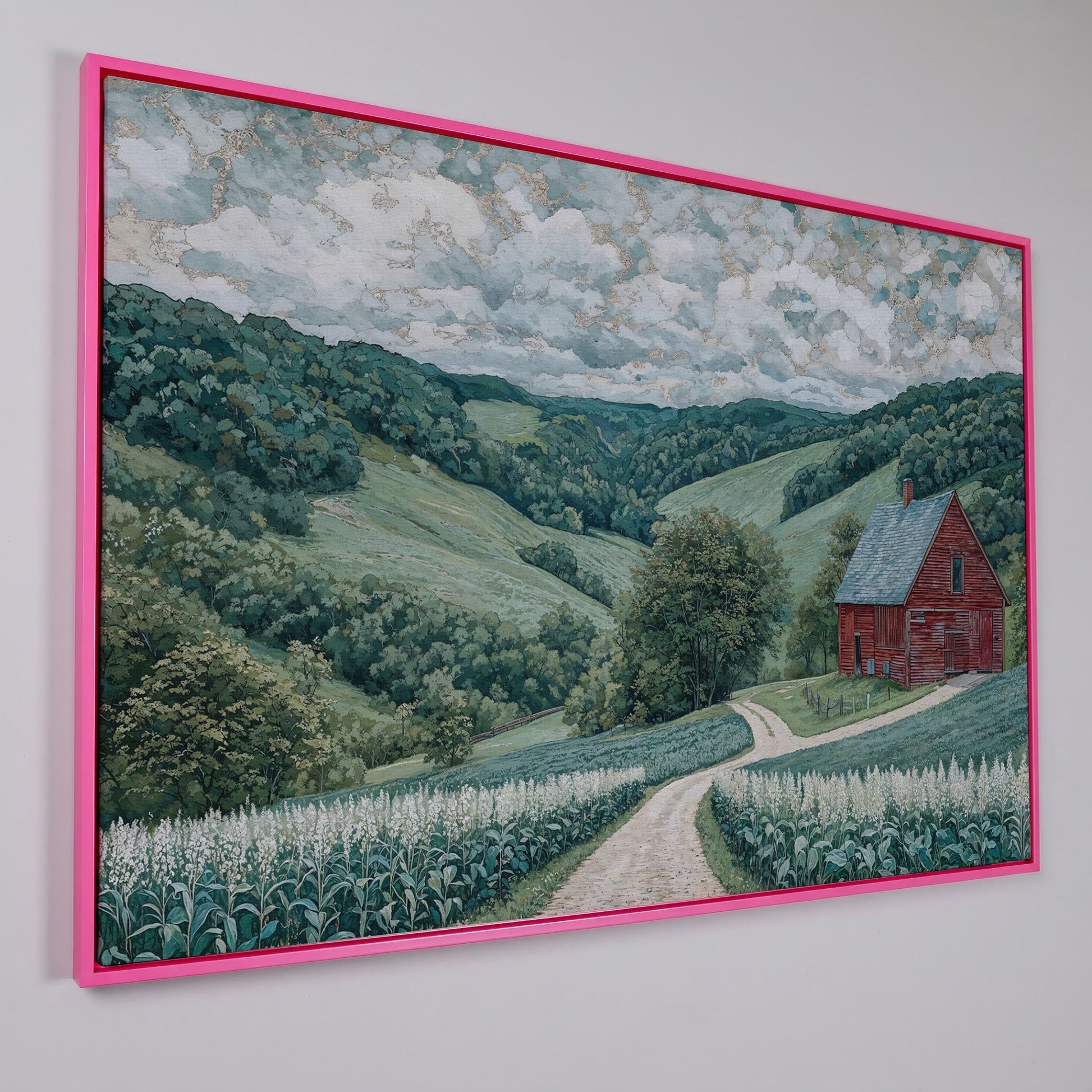 Red Barn & Rolling Hills Canvas Art in pink floating frame