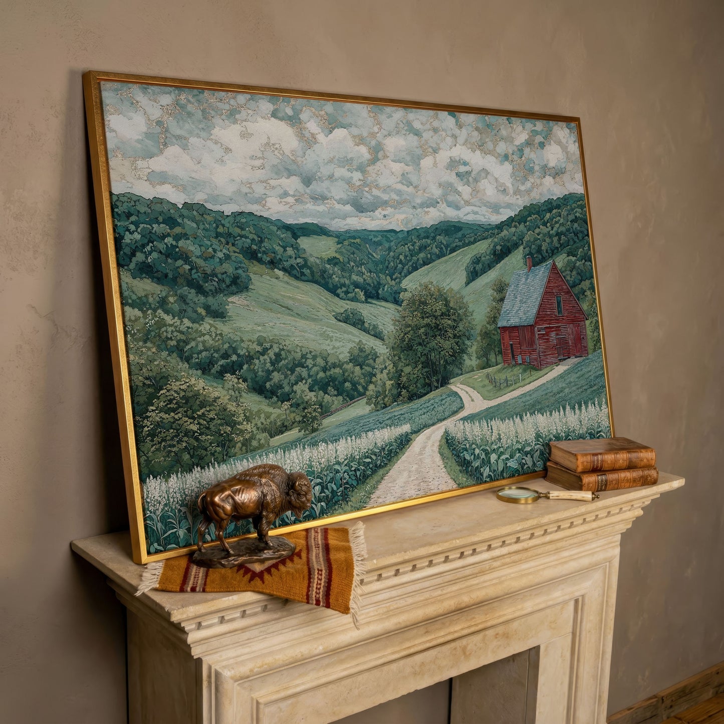 Red Barn & Rolling Hills Canvas Art in rose gold floating frame
