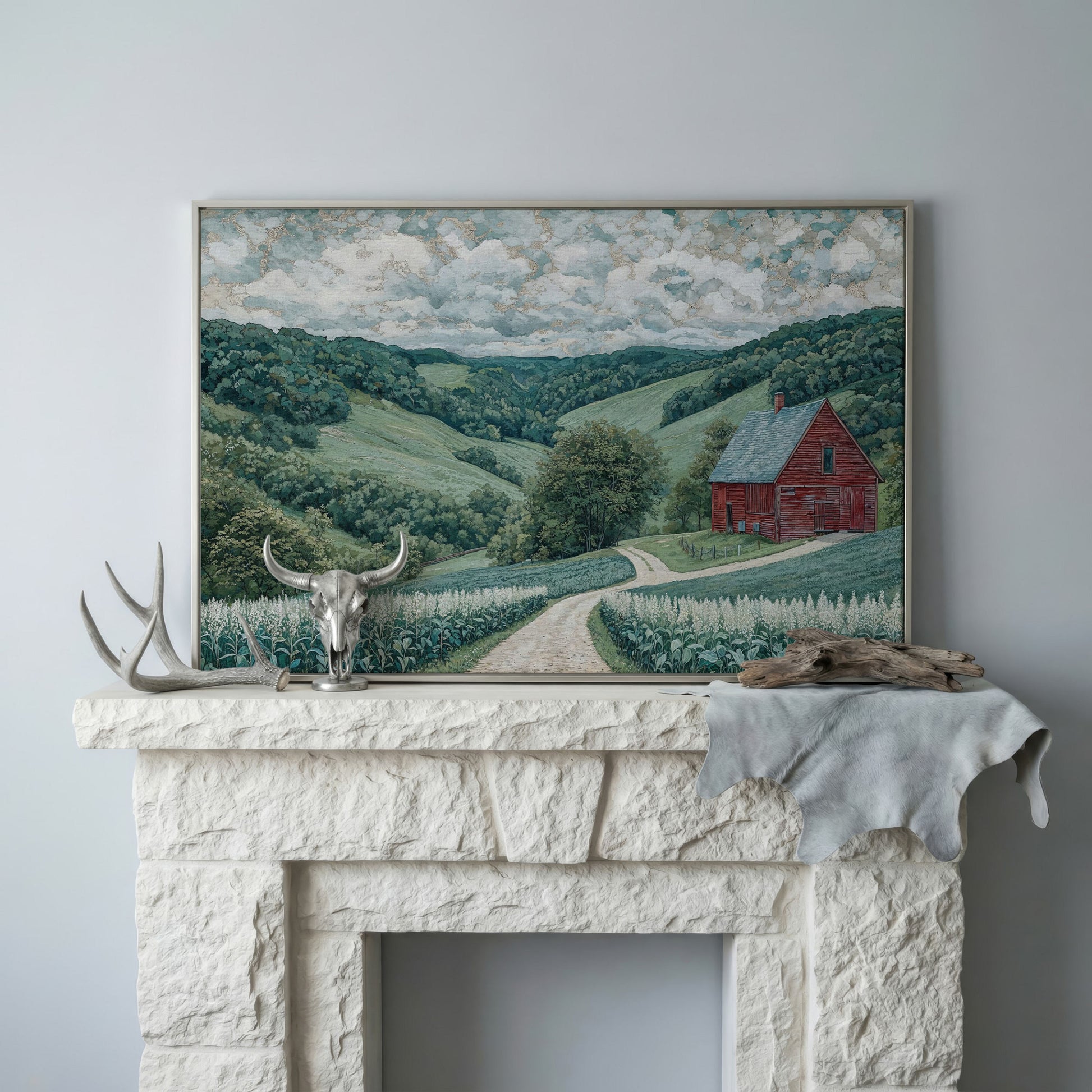 Red Barn & Rolling Hills Canvas Art in silver floating frame