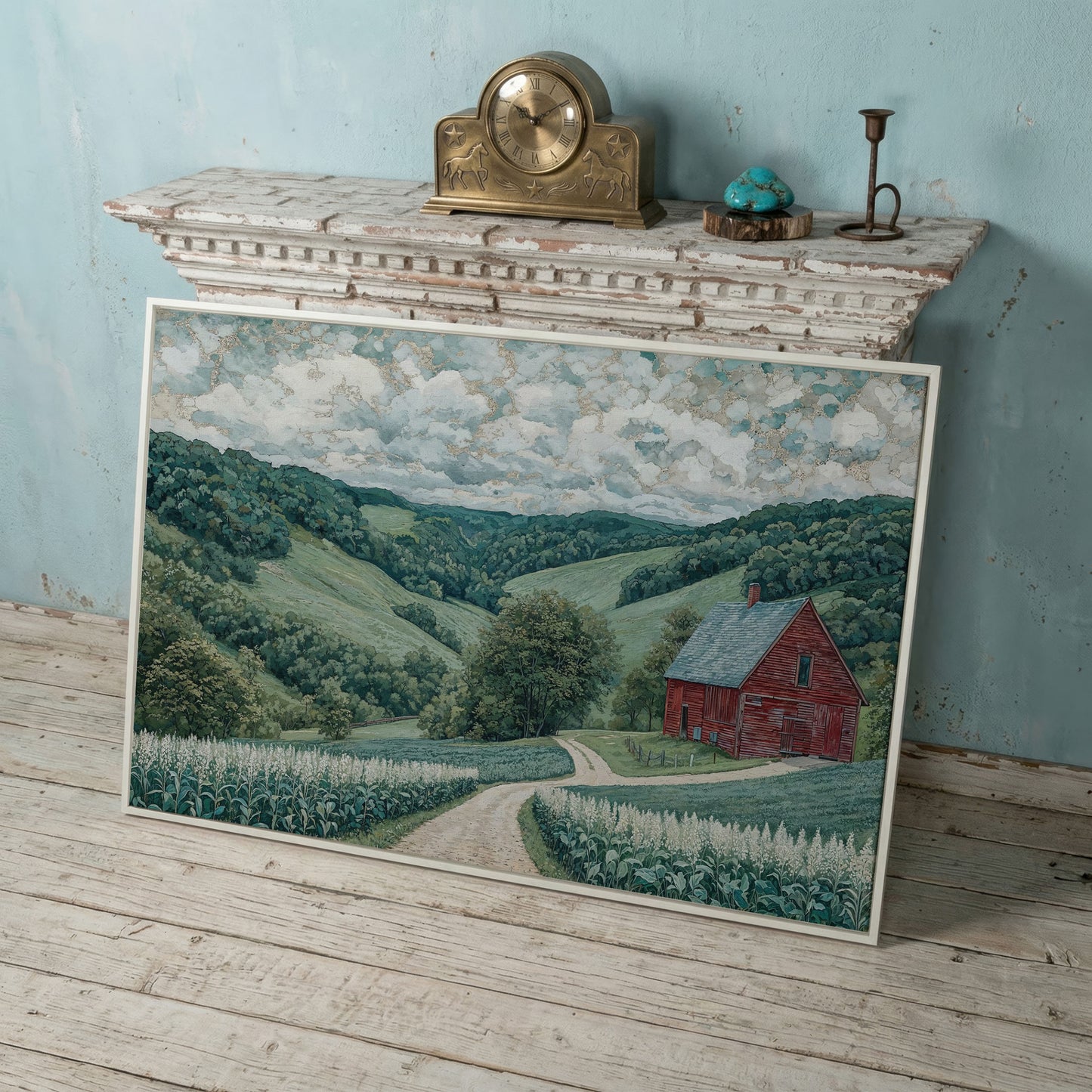 Red Barn & Rolling Hills Canvas Art in white floating frame