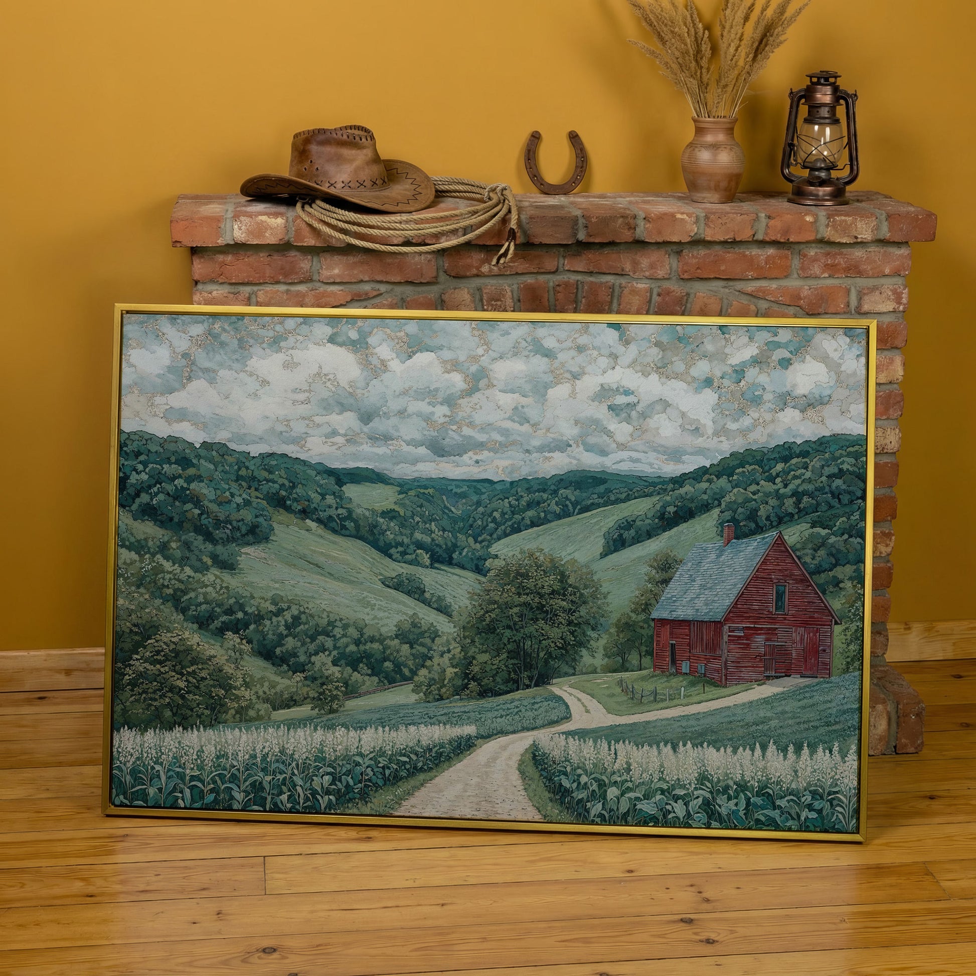 Red Barn & Rolling Hills Canvas Art in yellow gold floating frame
