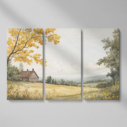 Autumn Cabin Landscape Canvas in Ochre and Sage as 3-panel split version