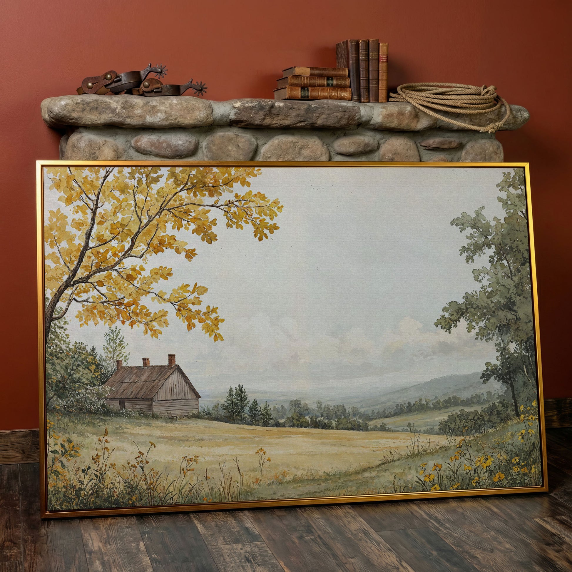 Autumn Cabin Landscape Canvas in Ochre and Sage in antique gold floating frame
