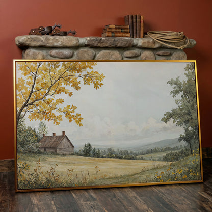 Autumn Cabin Landscape Canvas in Ochre and Sage in antique gold floating frame