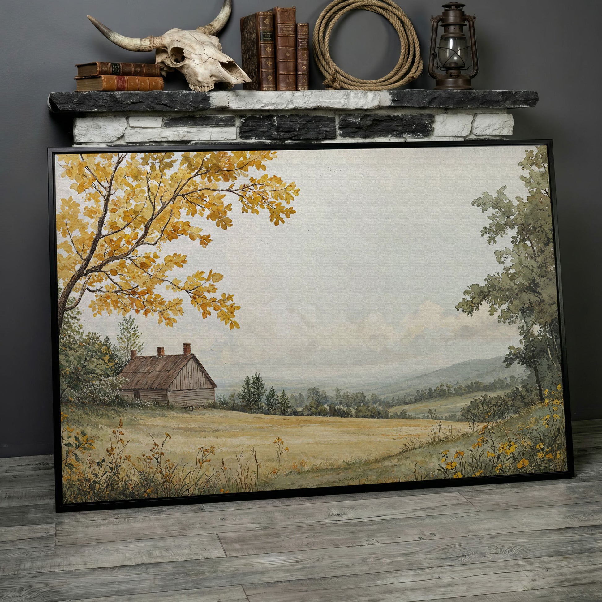 Autumn Cabin Landscape Canvas in Ochre and Sage in black floating frame