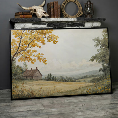 Autumn Cabin Landscape Canvas in Ochre and Sage in black floating frame