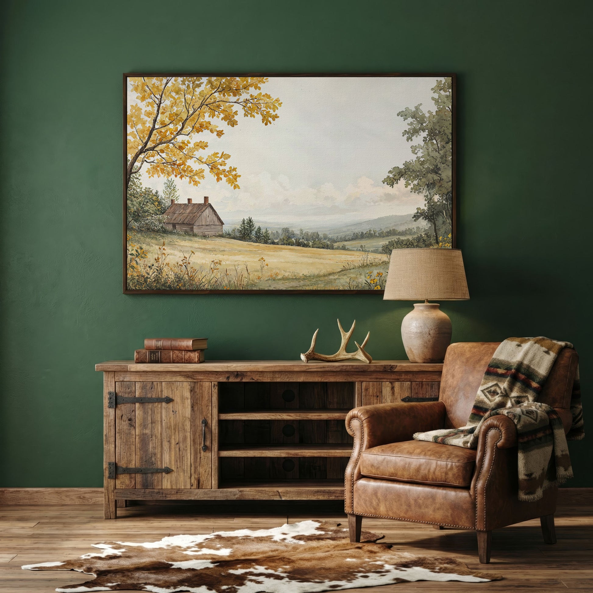 Autumn Cabin Landscape Canvas in Ochre and Sage in dark walnut floating frame