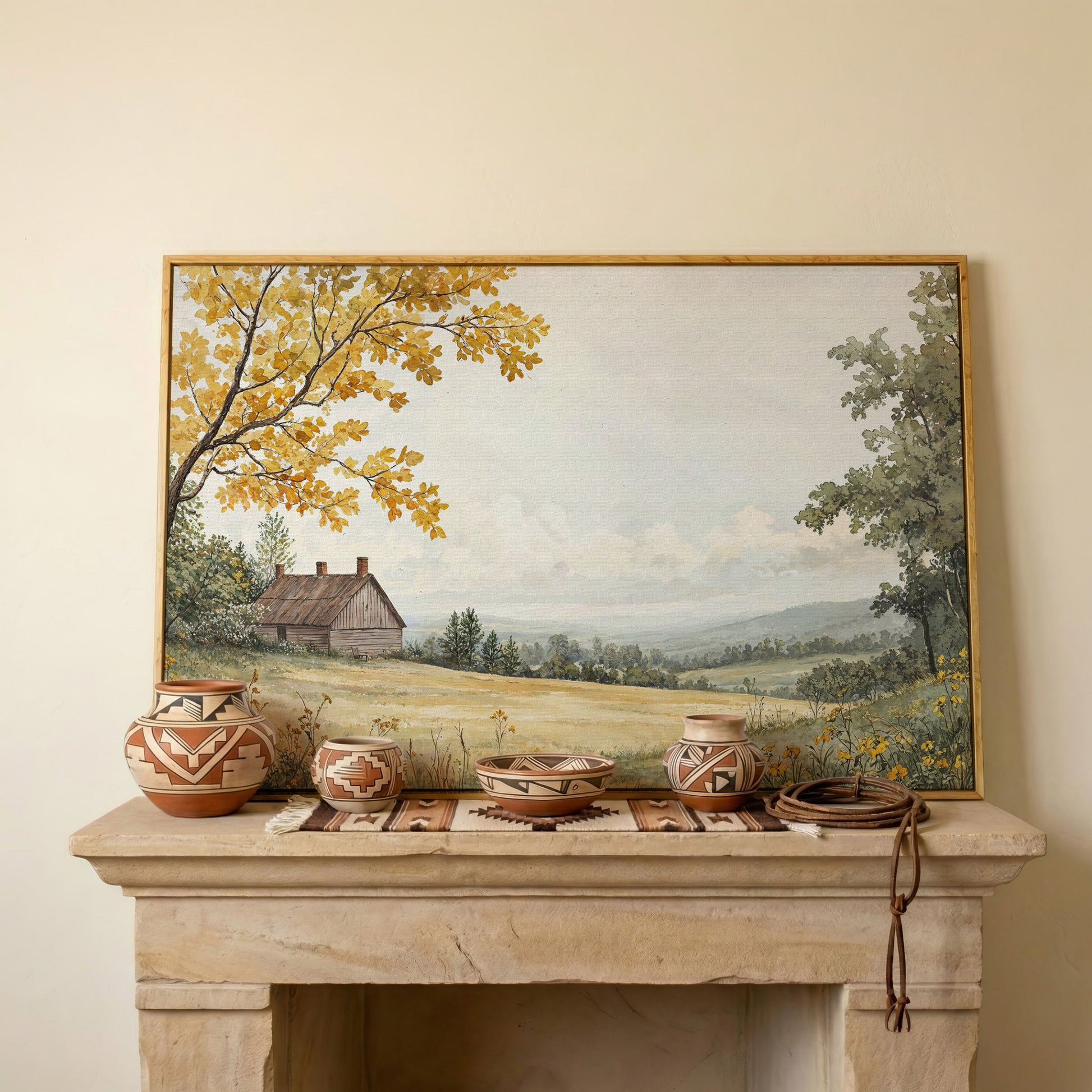 Autumn Cabin Landscape Canvas in Ochre and Sage in white oak floating frame