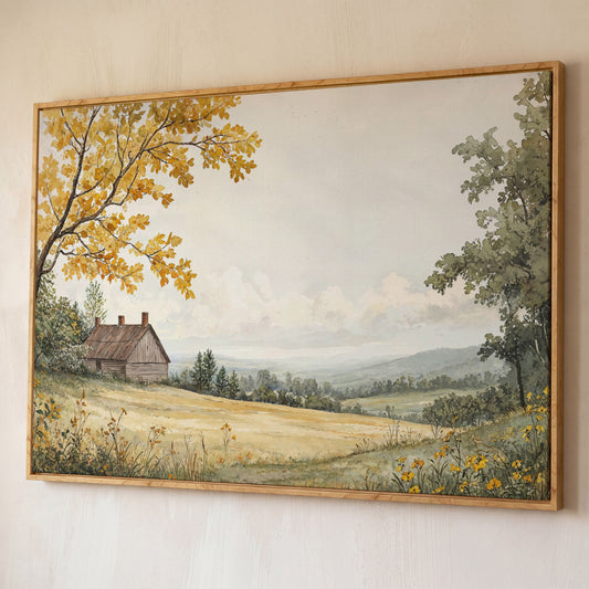 Autumn Cabin Landscape Canvas in Ochre and Sage shown in white oak floating frame