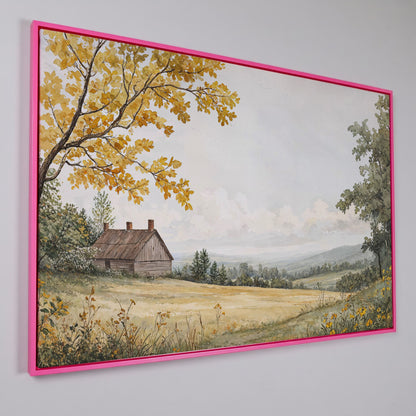 Autumn Cabin Landscape Canvas in Ochre and Sage in pink floating frame