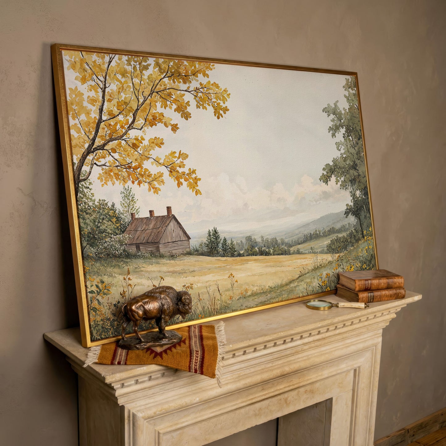 Autumn Cabin Landscape Canvas in Ochre and Sage in rose gold floating frame
