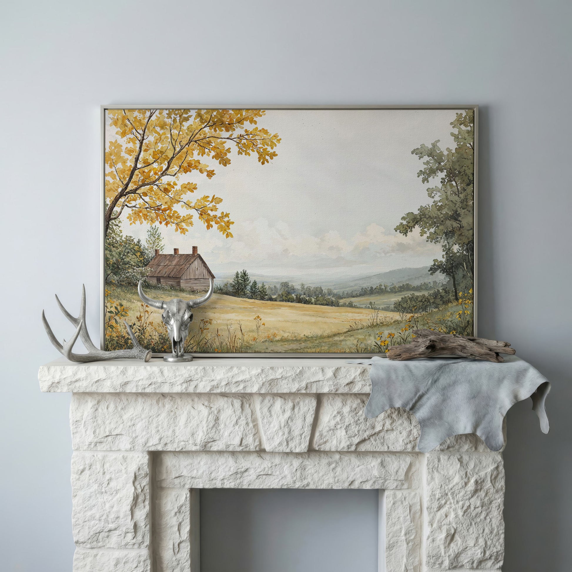 Autumn Cabin Landscape Canvas in Ochre and Sage in silver floating frame
