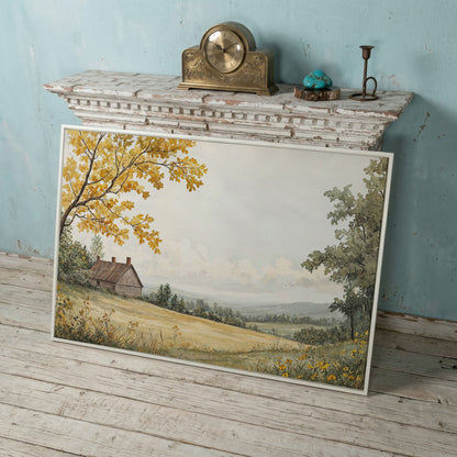 Autumn Cabin Landscape Canvas in Ochre and Sage in white floating frame