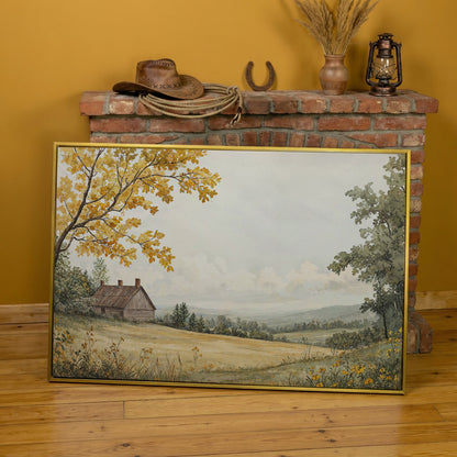 Autumn Cabin Landscape Canvas in Ochre and Sage in yellow gold floating frame