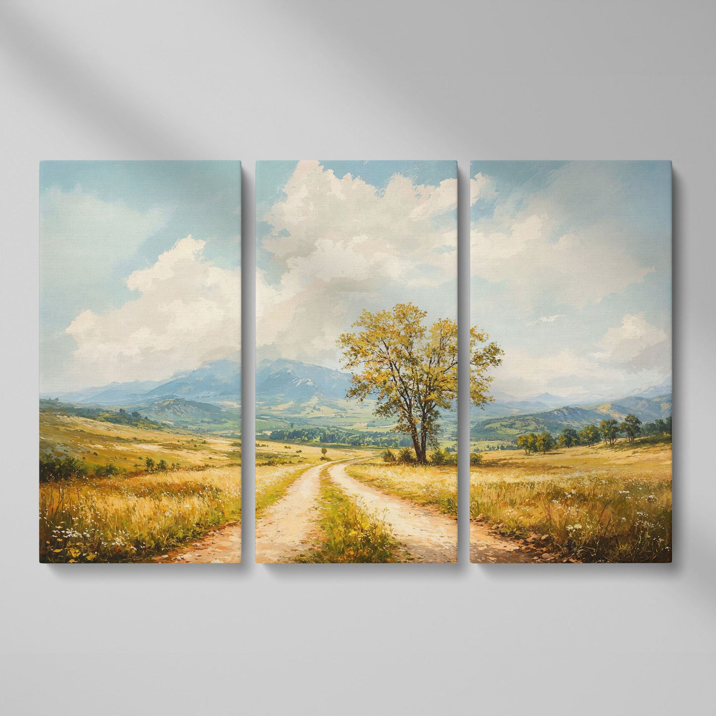 Country Road with Tree Canvas Wall Art as 3-panel split version