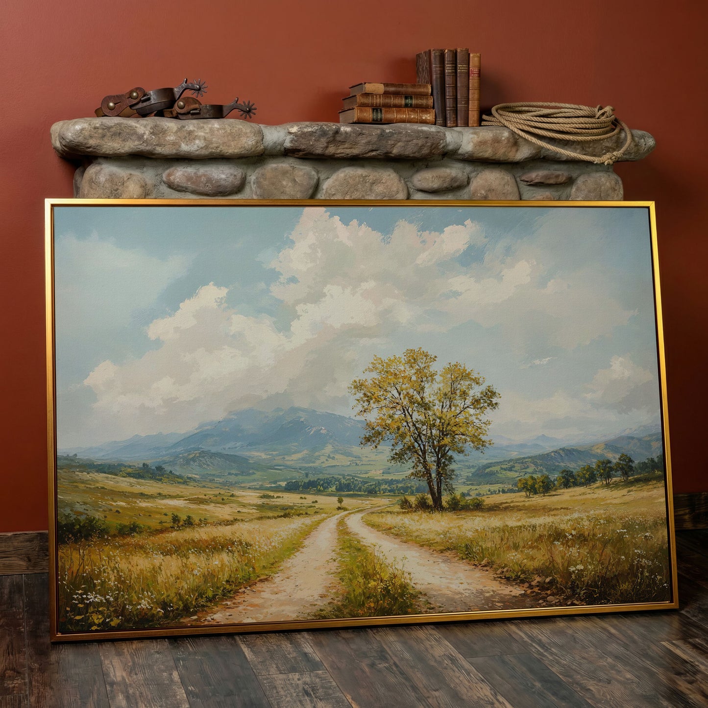 Country Road with Tree Canvas Wall Art in antique gold floating frame
