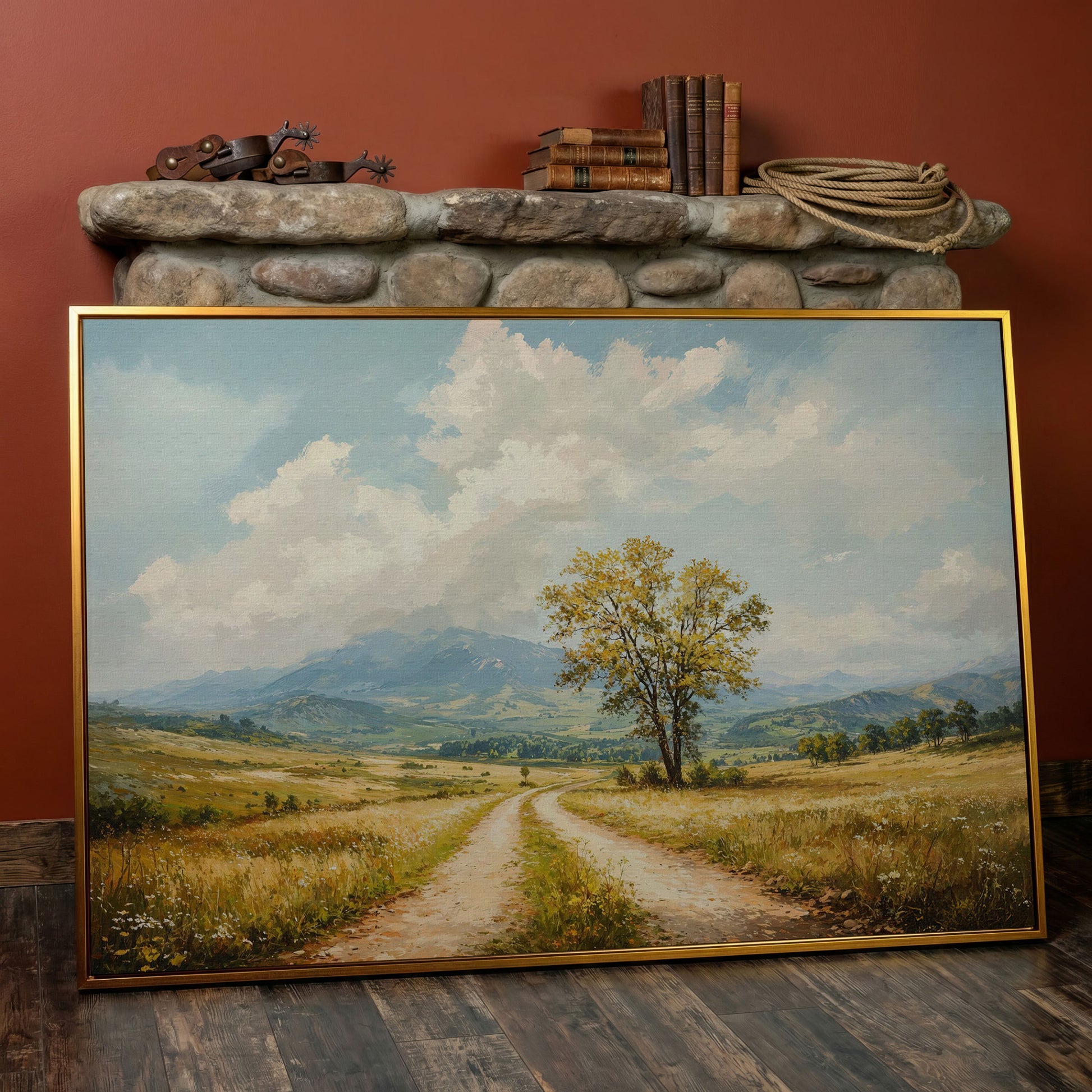 Country Road with Tree Canvas Wall Art in antique gold floating frame