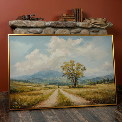 Country Road with Tree Canvas Wall Art in antique gold floating frame