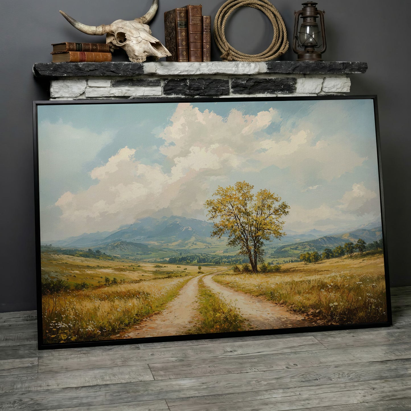 Country Road with Tree Canvas Wall Art in black floating frame