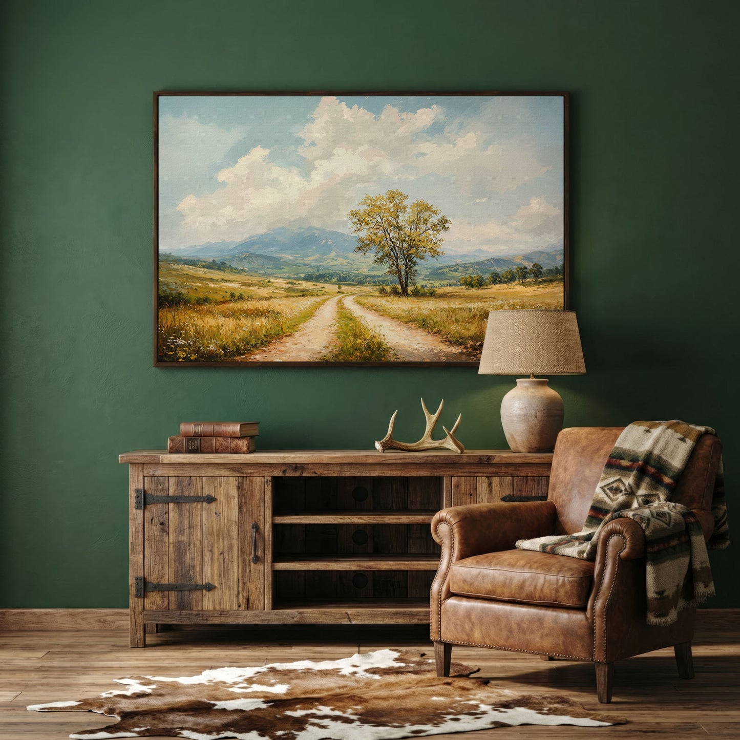 Country Road with Tree Canvas Wall Art in dark walnut floating frame