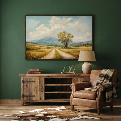 Country Road with Tree Canvas Wall Art in dark walnut floating frame