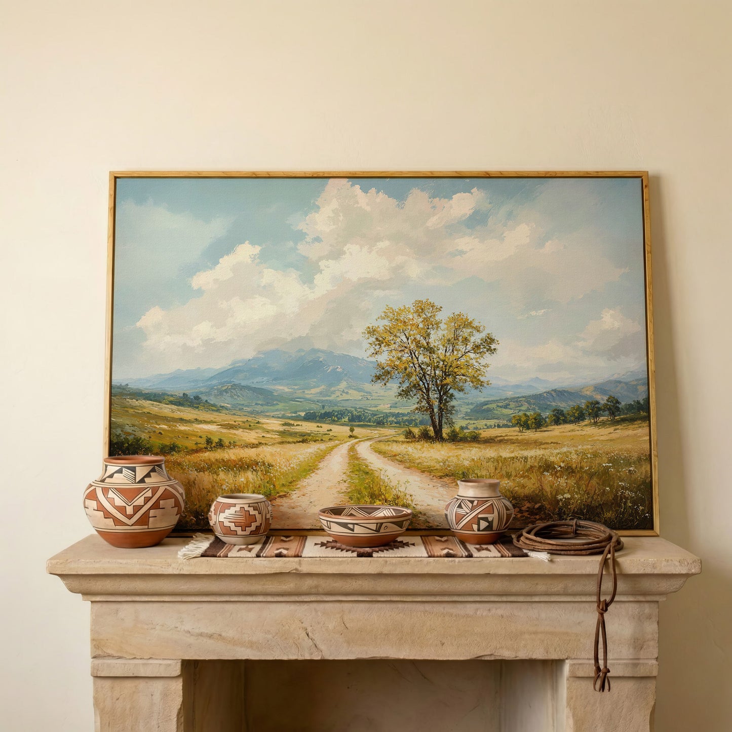 Country Road with Tree Canvas Wall Art in white oak floating frame
